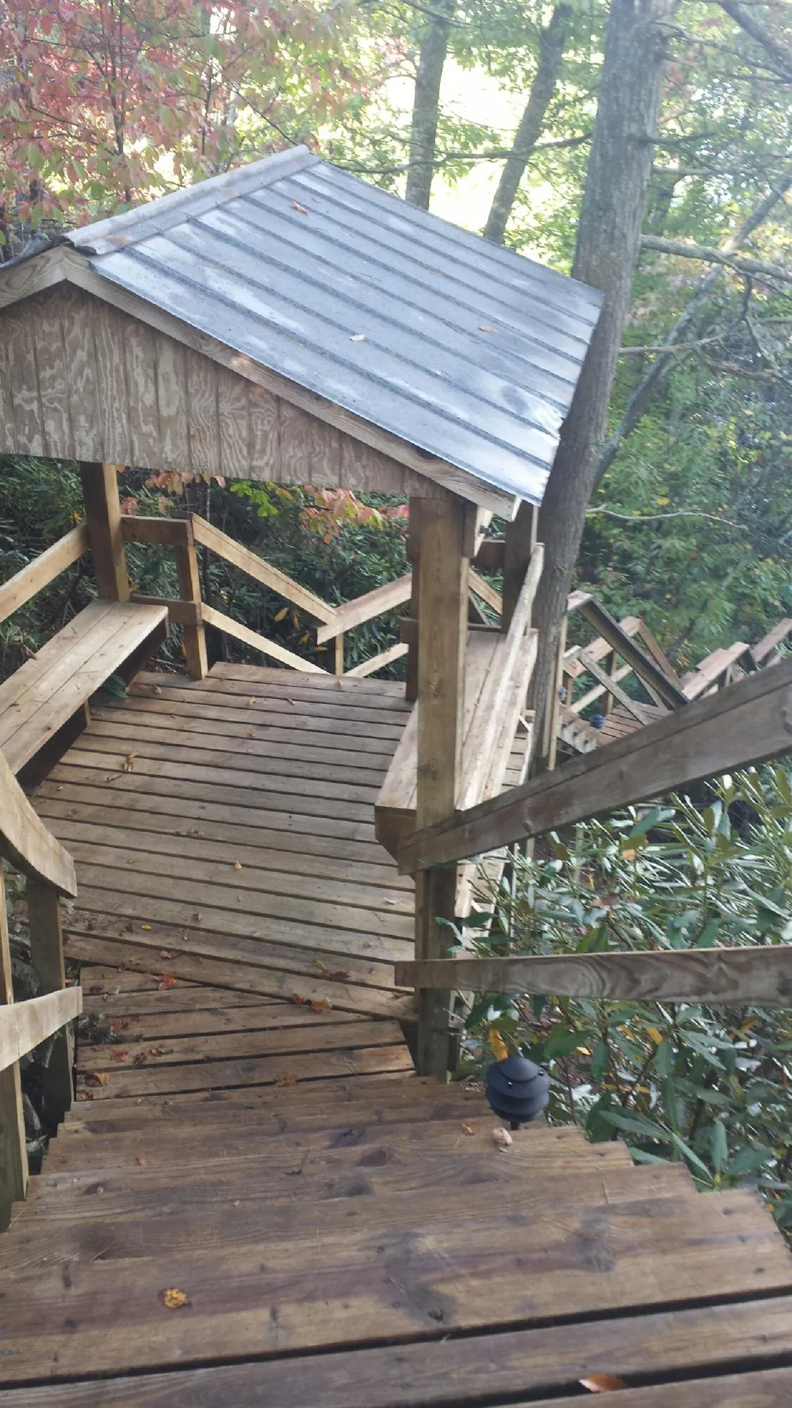 Metal roofed shelter over wooden steps on a wooded walkway — Skylight Repair & Installation work by our crew in Trivoli